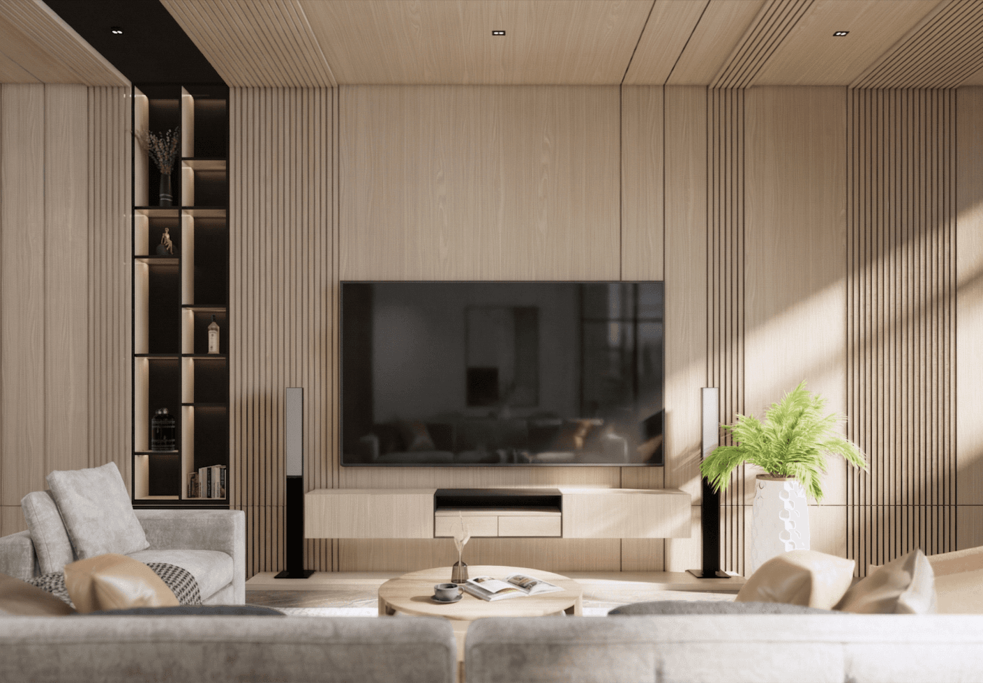 CI House: Timber-lined living room