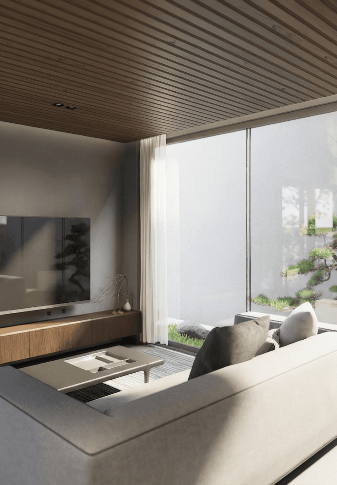 Iyashi Cabin: Lounge overlooking the garden
