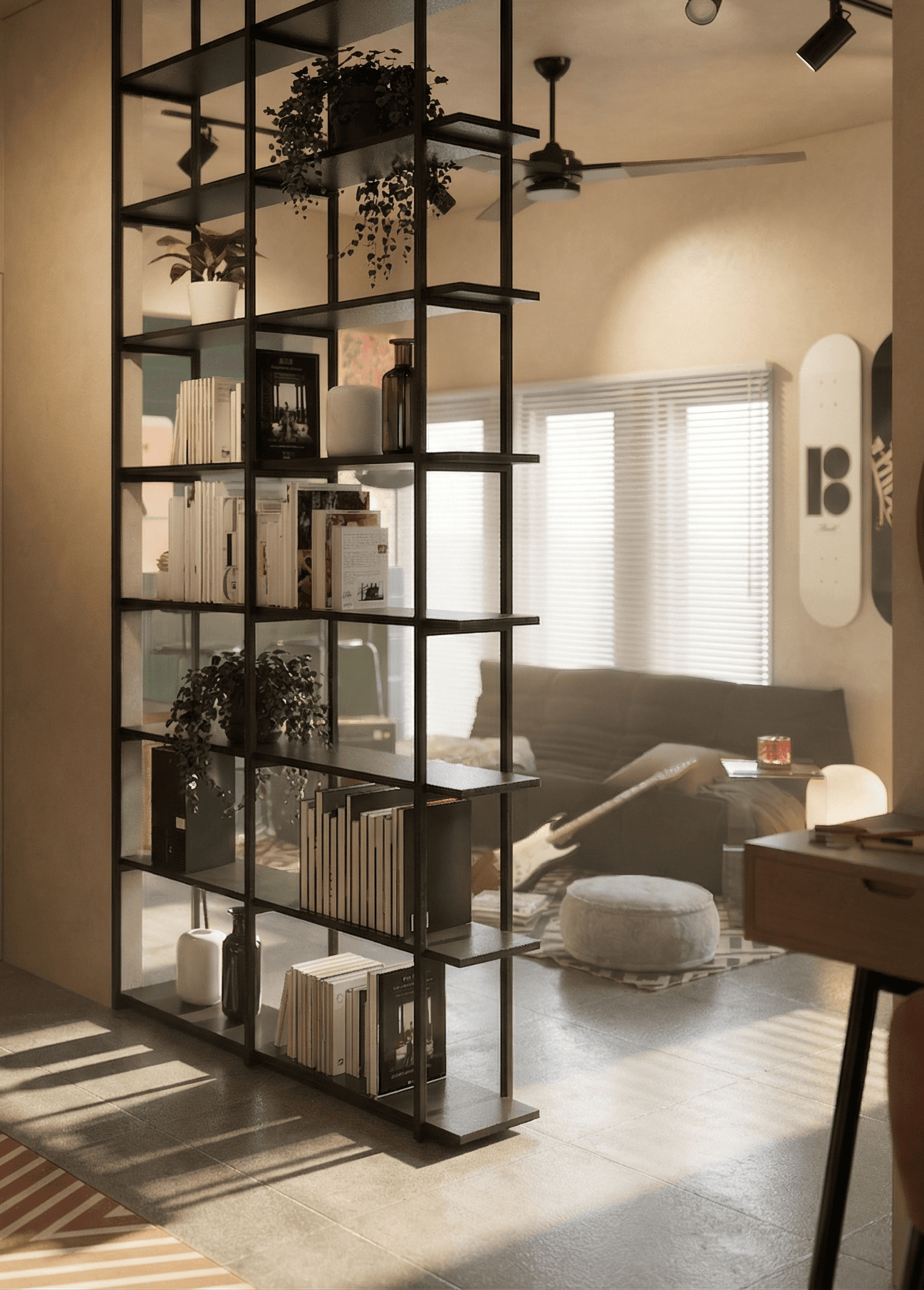 Retro Bedroom: Open shelving between living and sleeping areas