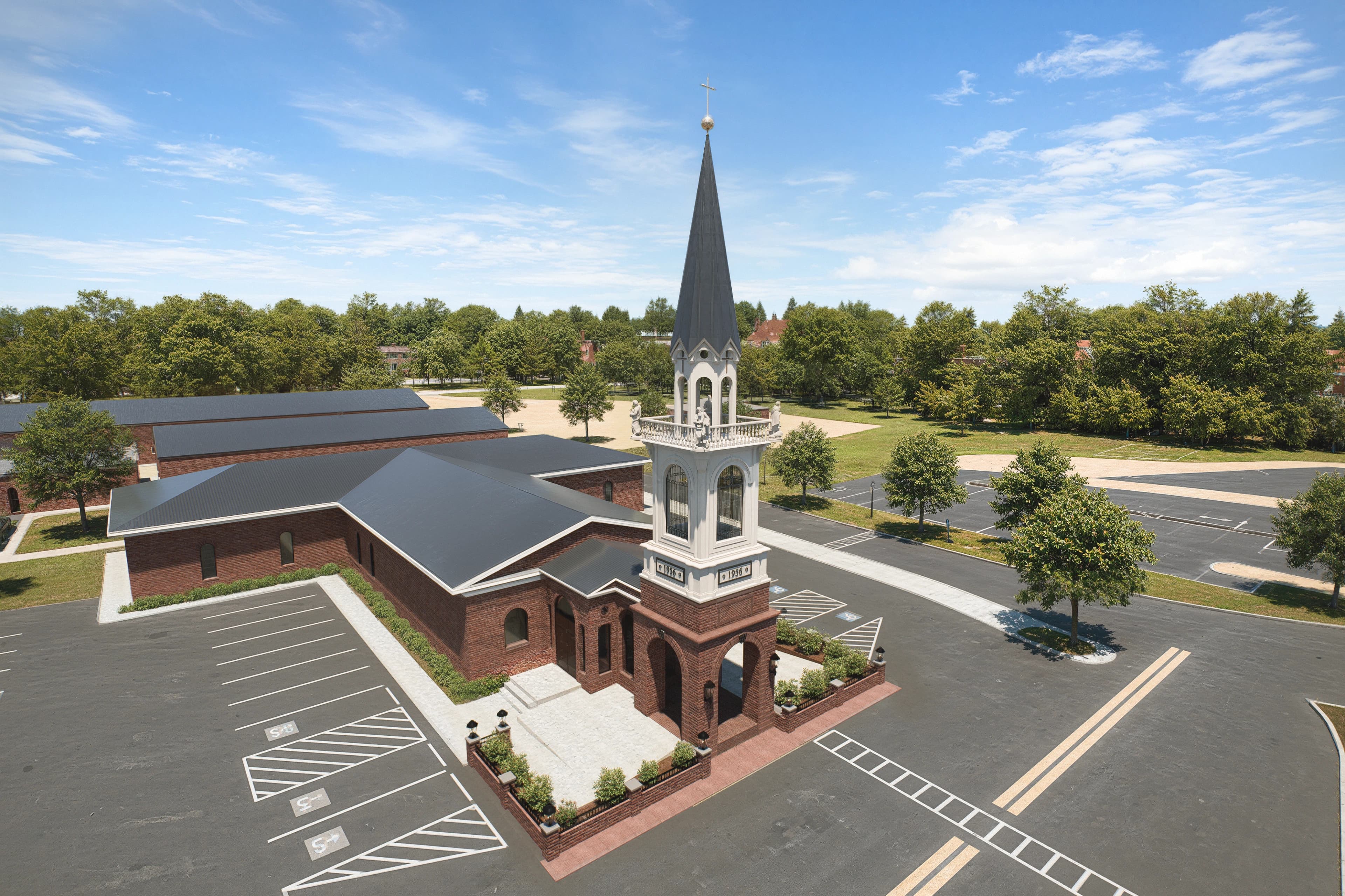Church Bell Tower: Aerial view of the bell tower and church grounds